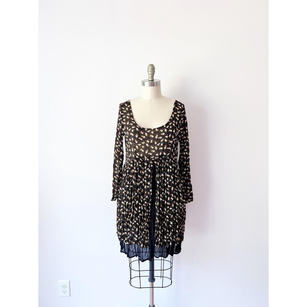 Danielle Karen Mini Dress Black Floral 90s Vintage‎ Babydoll Sheer Scoop Neck OS